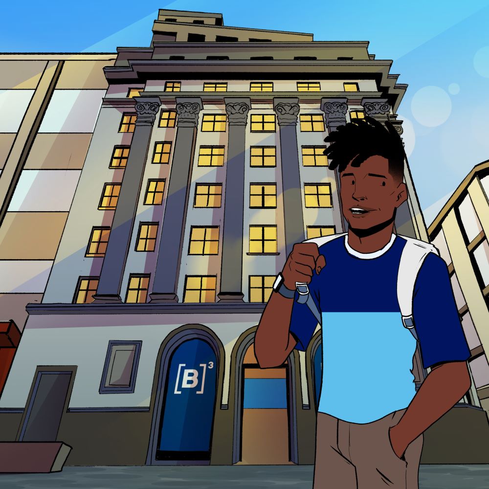 ilustração de um jovem negro em frente a bolsa de valores B3