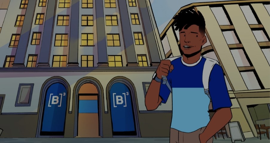 ilustração de um jovem negro em frente a bolsa de valores B3